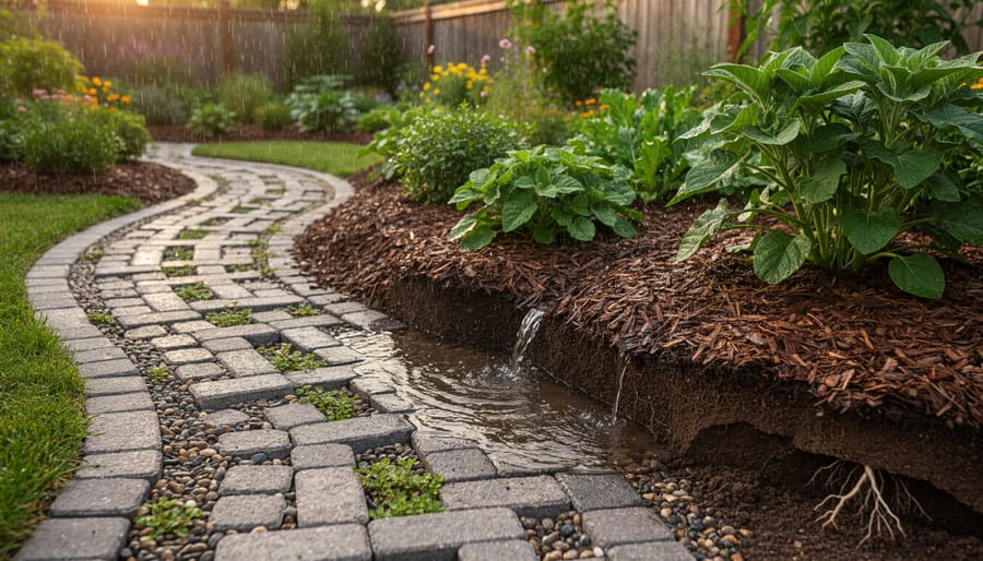 Decomposed granite pathway with mulched planting beds in drought-resistant landscape design