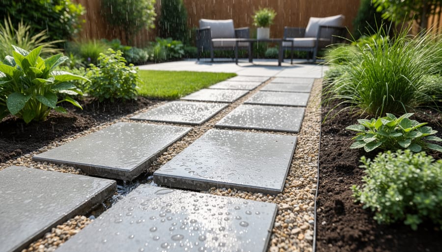 Overhead view of permeable paver patio with plants growing between pavers