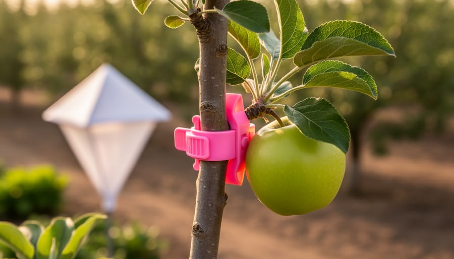 Pink twist-tie pheromone dispenser on a fruit tree branch with young leaves and a small apple, lit by warm evening sun, with a white triangular delta trap and garden beds softly blurred in the background.