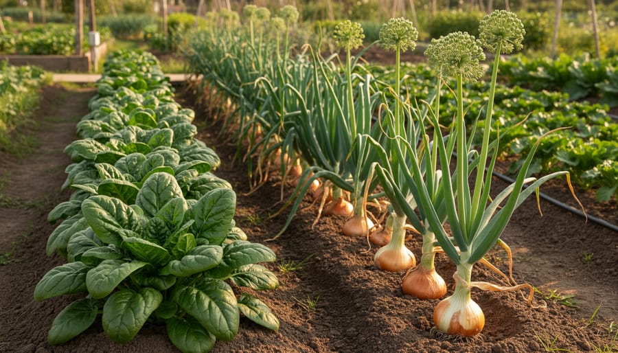Vegetable garden showing onions and spinach plants with varying daylength needs