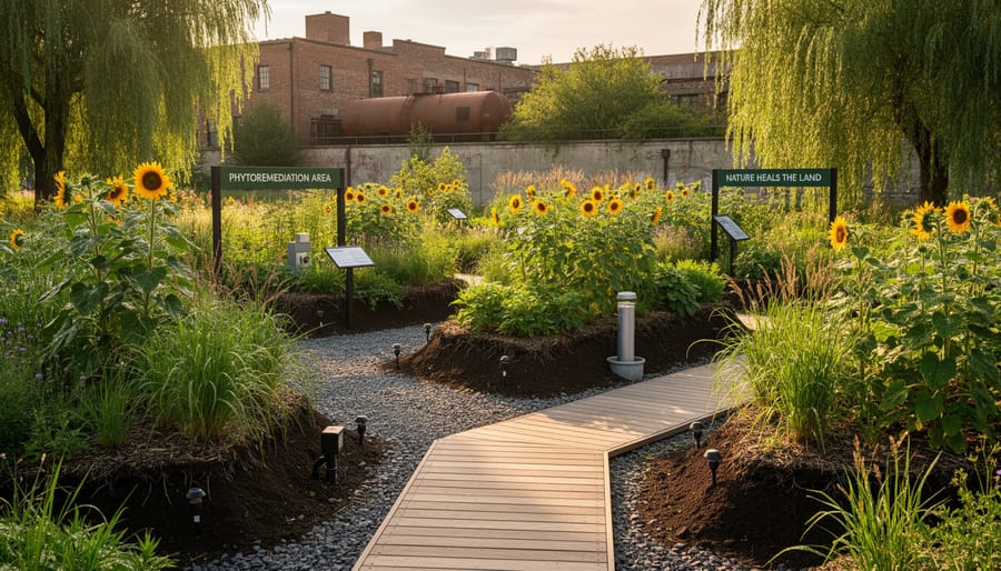 Attractive urban garden featuring phytoremediation plants including sunflowers and mustard greens