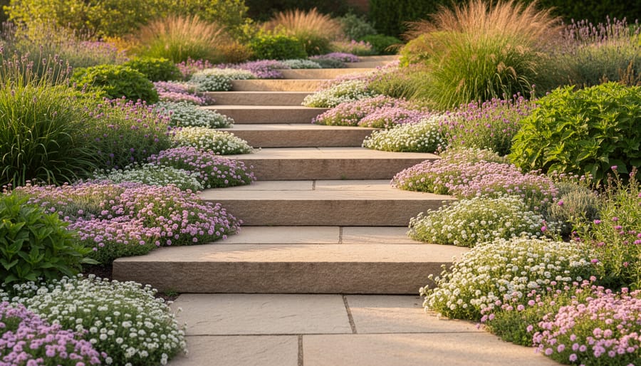 Finished stone steps with creeping thyme and sedum plants growing along edges