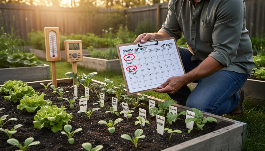 Gardener's hands planting young seedling in moist soil with frost protection visible in background