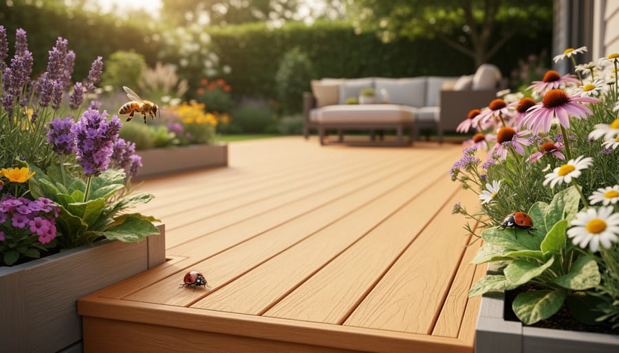 Honeybee on purple flower with wooden deck in background showing garden ecosystem