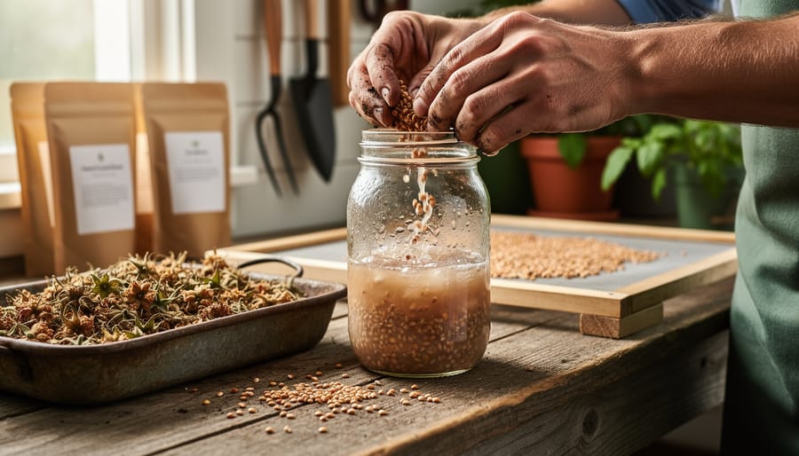 Gardener’s hands at a rustic potting bench processing seeds: glass jar with tomato seeds in water, shallow tray of dry seed heads, and a mesh screen holding cleaned seeds to dry, with paper bags and tools softly blurred in the background.