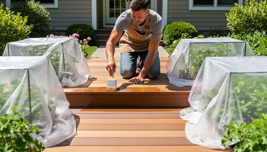 Gardener covering plants with protective fabric near wooden deck during maintenance