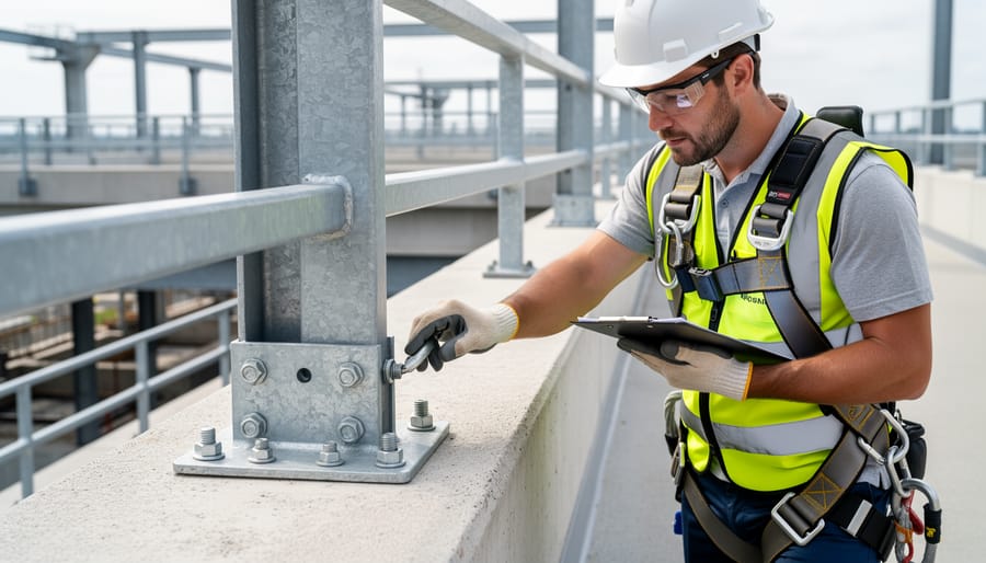 Close-up of hands checking rooftop railing connection points for safety