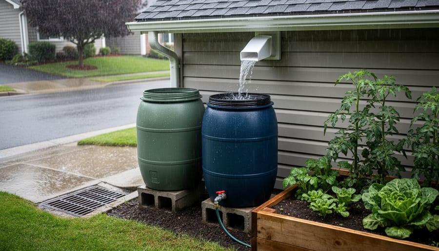 Rain barrel collecting water from residential downspout with garden in background