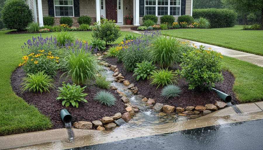 Flowering rain garden with native plants in residential yard setting
