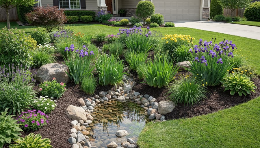 Rain garden with colorful flowering perennials and ornamental grasses designed to capture excess water