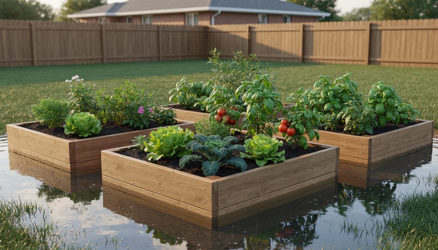 Wooden raised garden bed with vegetables growing above wet yard soil