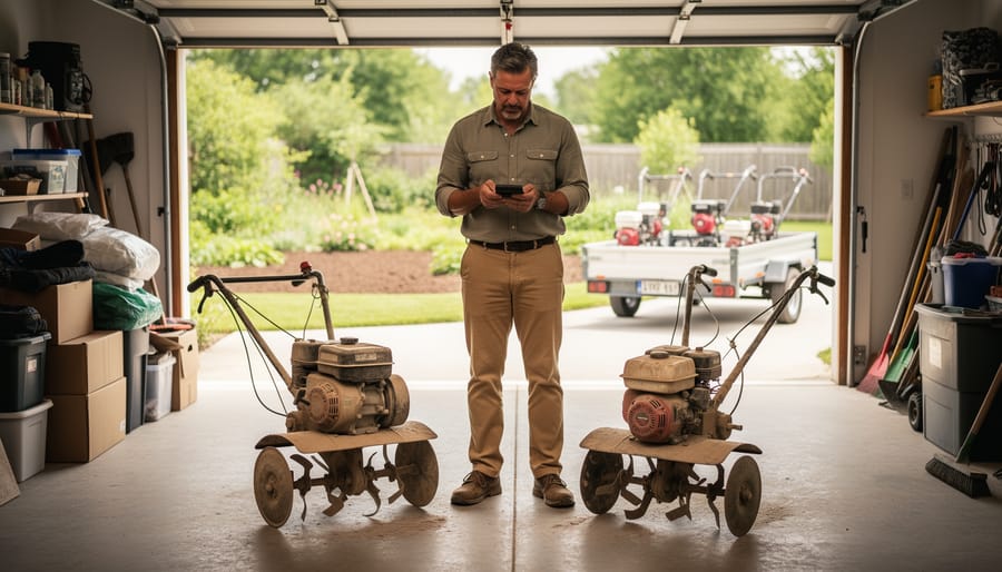 Homeowner in a cluttered garage holding a calculator, facing a dusty rototiller and pressure washer, with a garden and a trailer of rental tools visible through the open garage door.