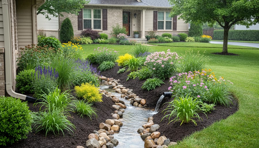 Residential rain garden with native flowering plants and stone edging in front yard