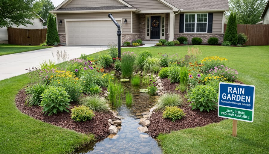 Rain garden with native wildflowers and grasses designed for natural stormwater management