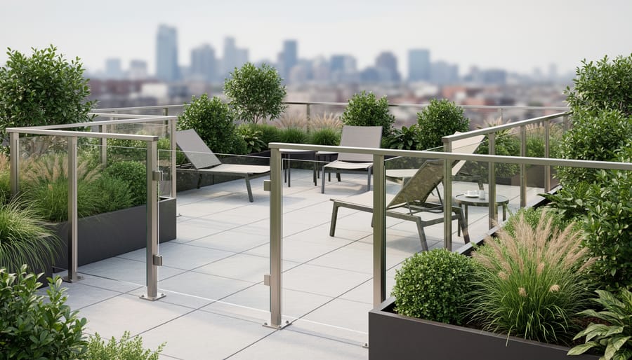Rooftop garden with safety guardrails around raised vegetable beds and city views