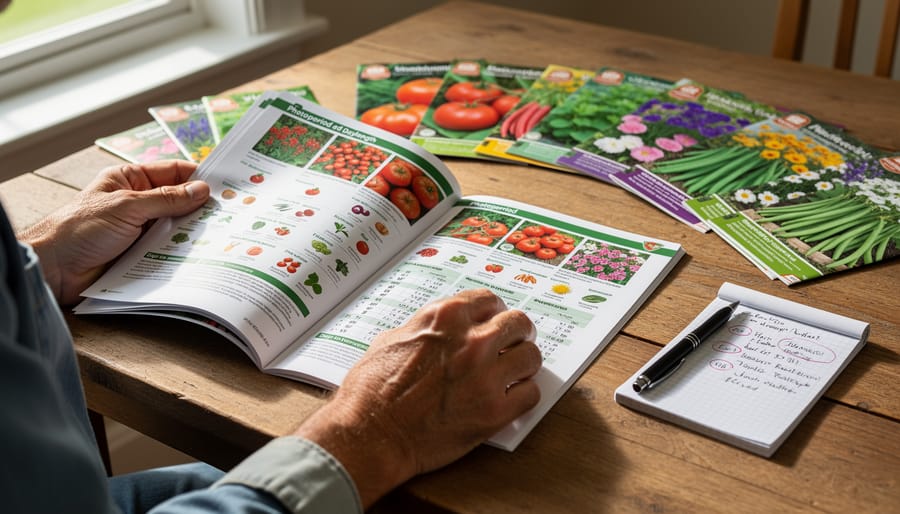Gardener planning seed selection with catalog and planting schedule