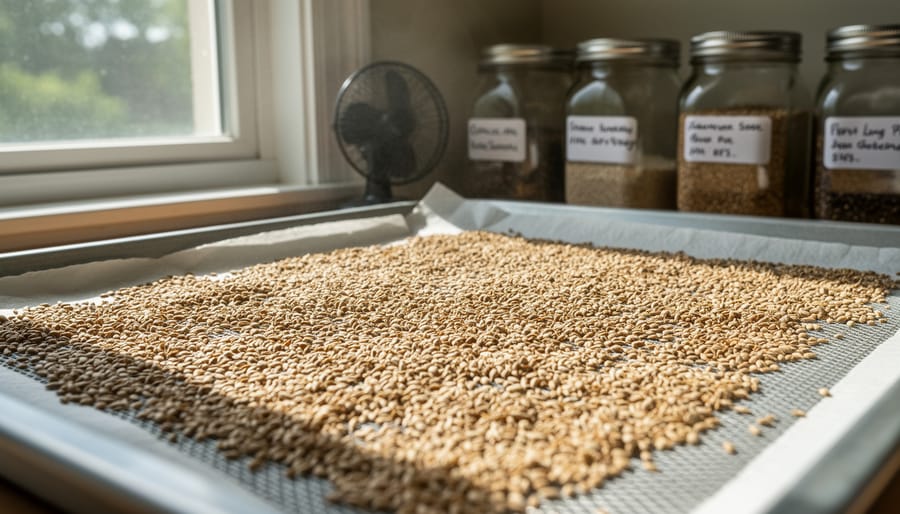 Various clean seeds drying on paper plates in natural sunlight on windowsill