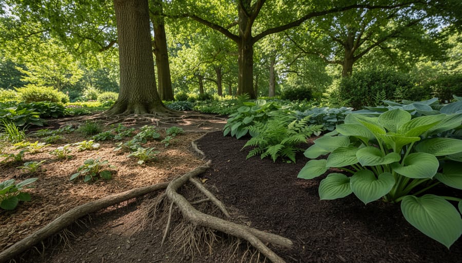 Shade garden with hostas and ferns growing under tree canopy with dappled sunlight