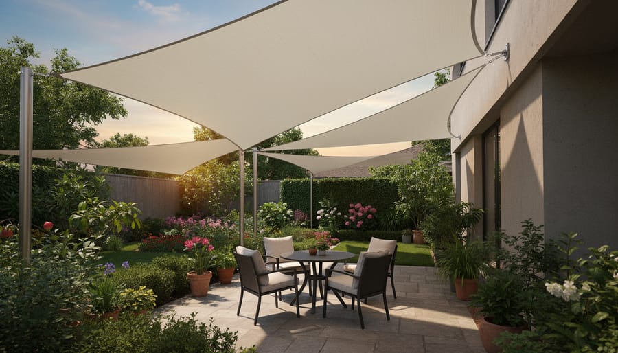 Close-up of shade sail fabric and mounting hardware against sky