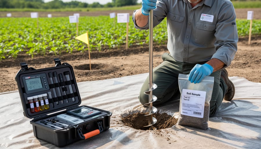 Gardener collecting soil sample for contamination testing in urban garden