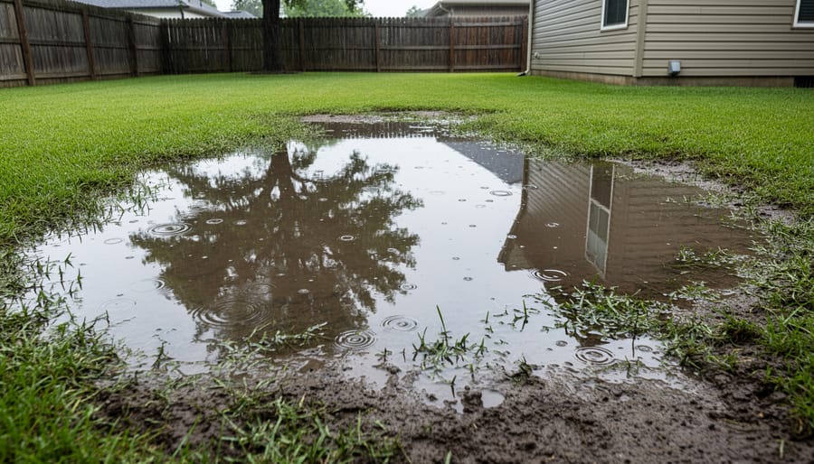 Large puddle of standing water on residential lawn near house foundation