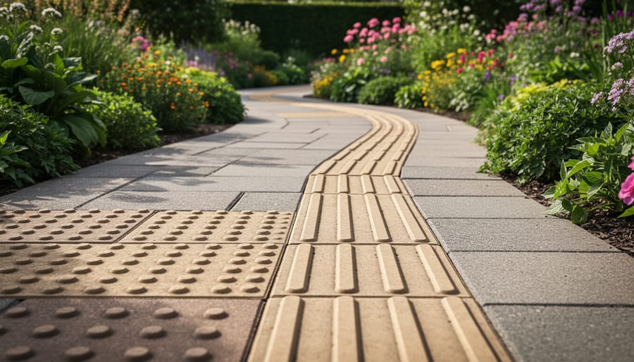 Close-up of textured tactile paving stones with raised bump patterns for navigation