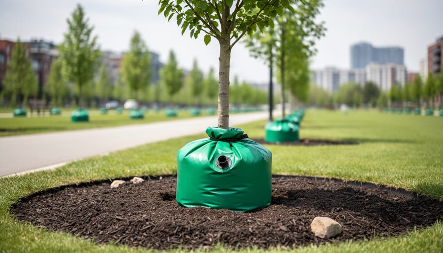 Tree watering bag installed on young tree trunk with water dripping out