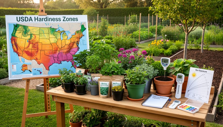 USDA plant hardiness zone marker and thermometer in garden setting