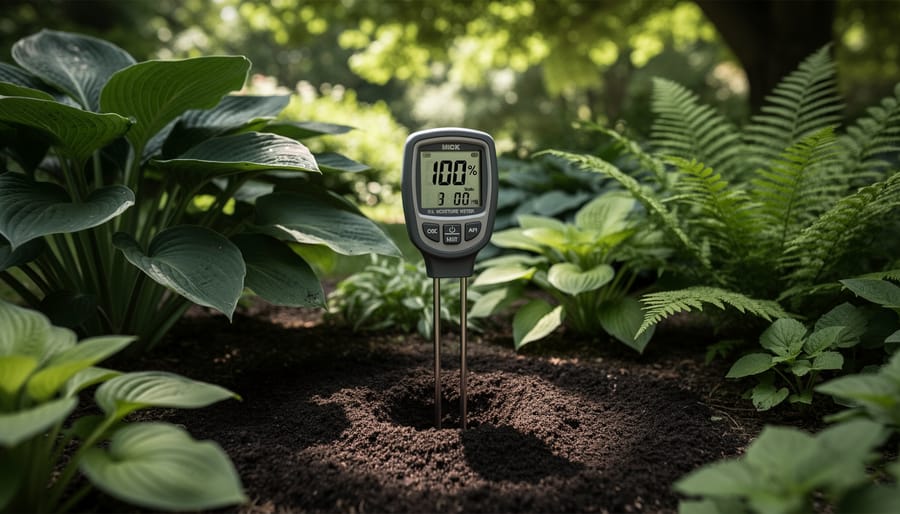 Hand inserting soil moisture meter probe into garden soil near plant