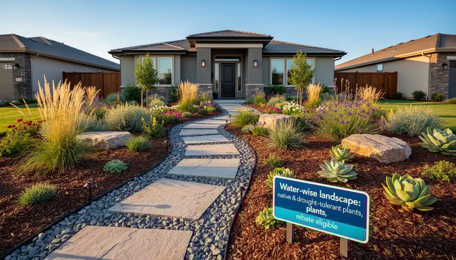Modern drought-tolerant landscape with native plants and stone mulch in residential front yard