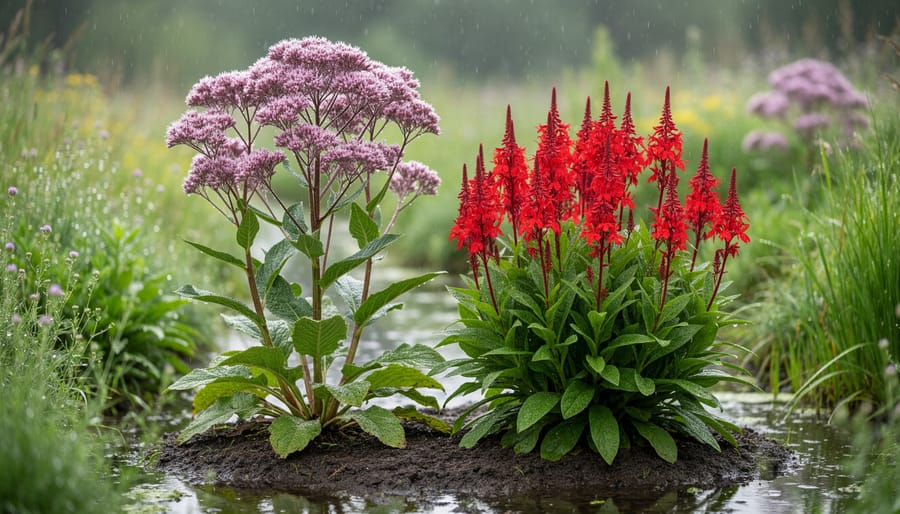 Close-up of moisture-loving flowering plants including joe-pye weed and cardinal flower