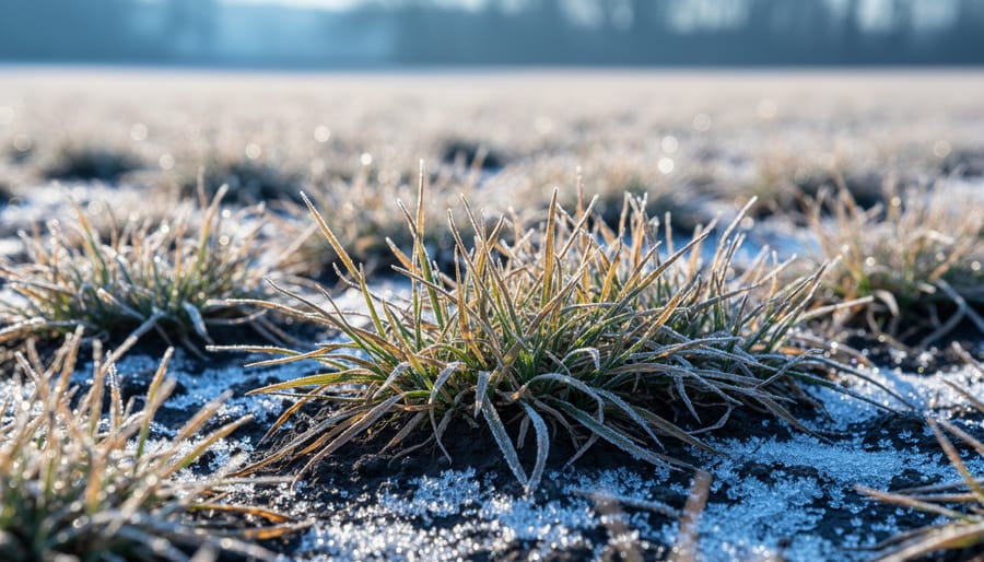 Macro view of frost-covered grass blades showing winter dormancy