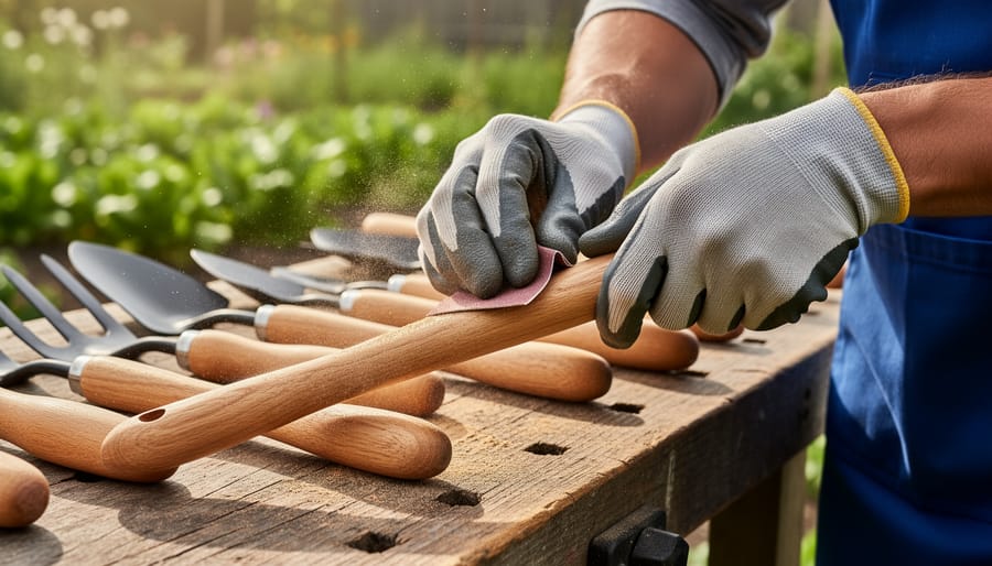 Close-up of wooden tool handle being sanded to maintain smooth surface