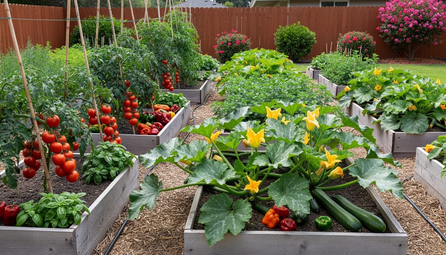Thriving vegetable garden with tomatoes, peppers, and greens in raised beds during golden hour