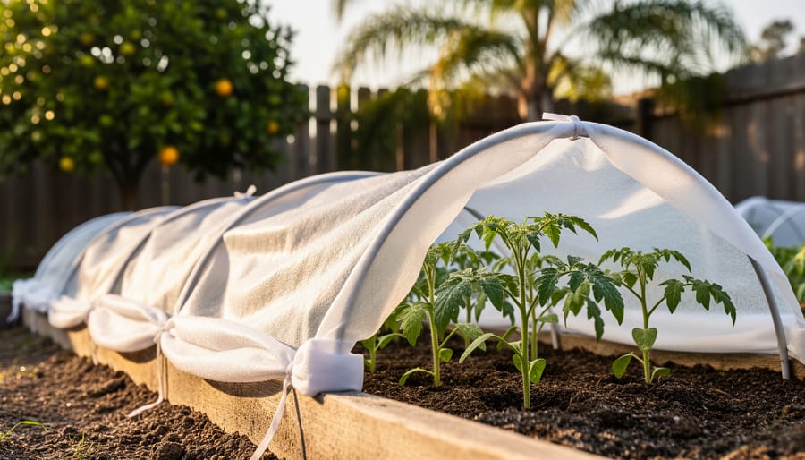 Tomato and pepper seedlings in a raised bed with a white frost cloth partially pulled back over hoop supports at sunrise, dewy leaves in sharp focus and a citrus tree with palm fronds softly blurred behind.