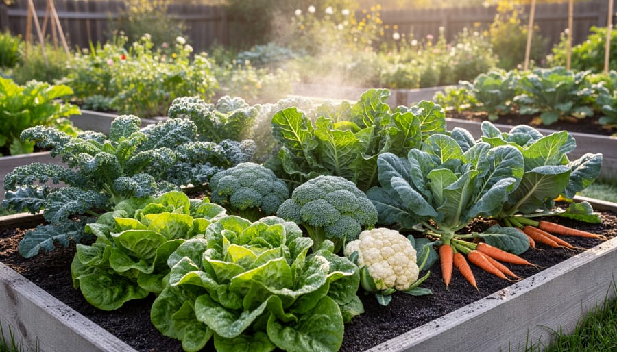 Overhead view of harvest basket filled with fresh winter vegetables including kale, broccoli, and cabbage