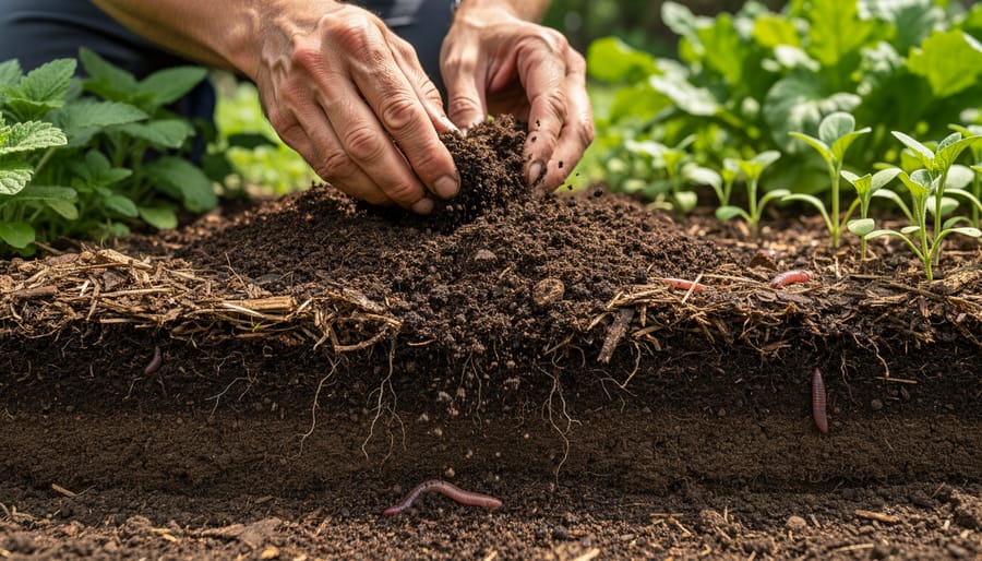 Gardener's hands spreading dark compost onto garden bed surface