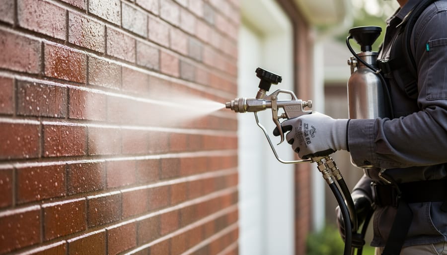 Person applying waterproofing sealer to brick chimney using pressure sprayer