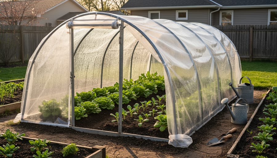 Small backyard hoop house greenhouse with gardener tending plants inside