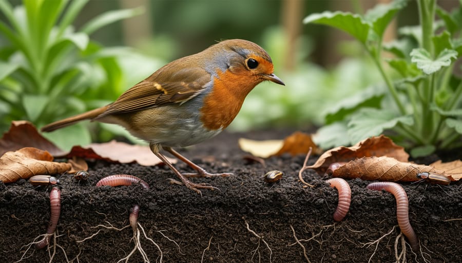 Robin bird with earthworms in beak perched on garden tool