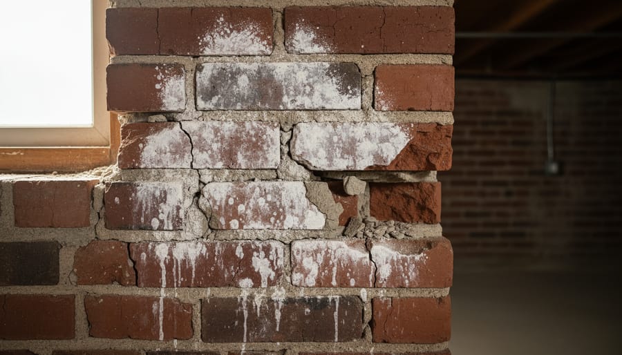 Damaged brick chimney showing efflorescence staining and deteriorating mortar joints
