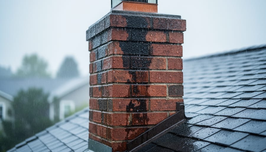 Close-up of a red brick chimney in light drizzle with dark wet patches and raindrops beading on the bricks, with blurred wet roof shingles and an overcast sky in the background.
