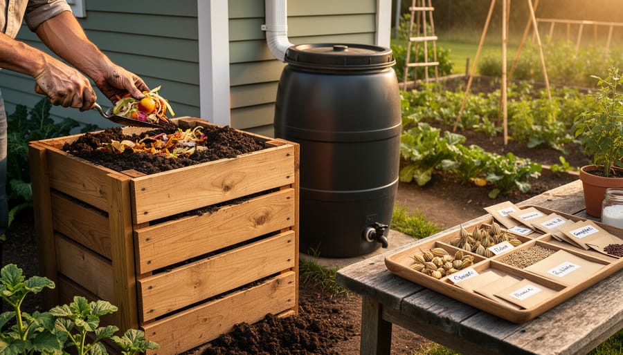 Eye-level view of a backyard with a wooden three-bin compost system, a dark rain barrel under a downspout, a gardener’s hands adding kitchen scraps with a trowel, and seed pods drying on a tray; vegetable beds and a trellis softly blurred behind.