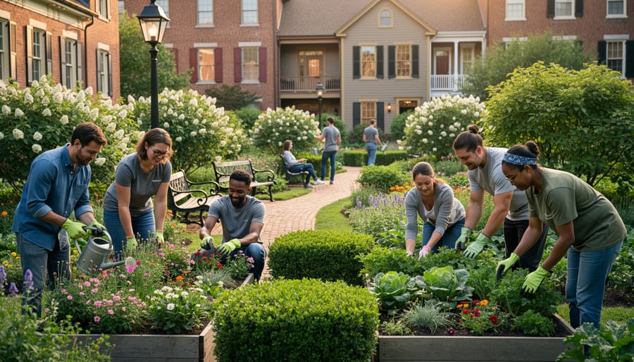 Diverse group of volunteers planting and maintaining flowers in urban heritage garden