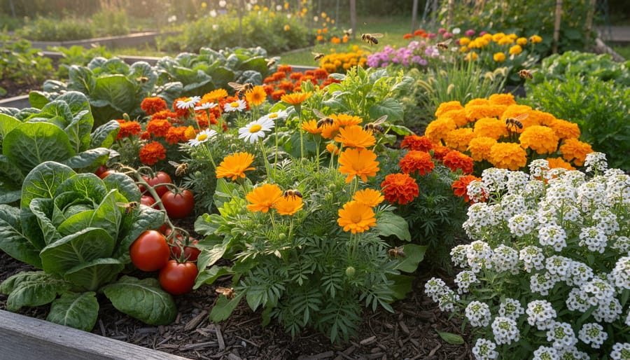 Overhead view of gardener planting companion flowers in vegetable garden