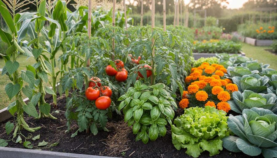 Healthy companion planted garden bed with tomatoes, basil, and marigolds growing together
