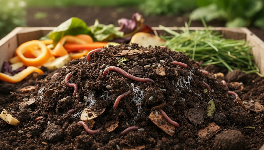 Hands holding dark compost soil with visible earthworm