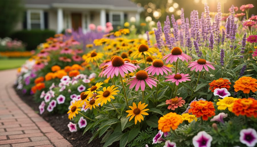 Mixed summer flower border with pink coneflowers, yellow black-eyed Susans, purple salvia, and zinnias glowing in golden-hour light, with a softly blurred garden path behind.