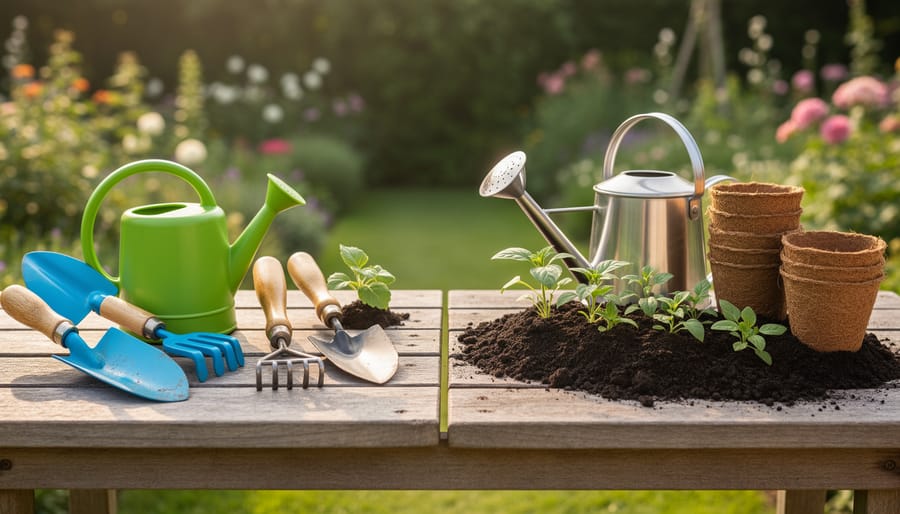 Overhead view comparing plastic garden tools with sustainable wood and metal alternatives