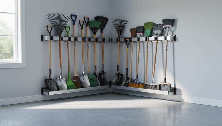 Corner storage rack in garage holding various long-handled garden tools vertically
